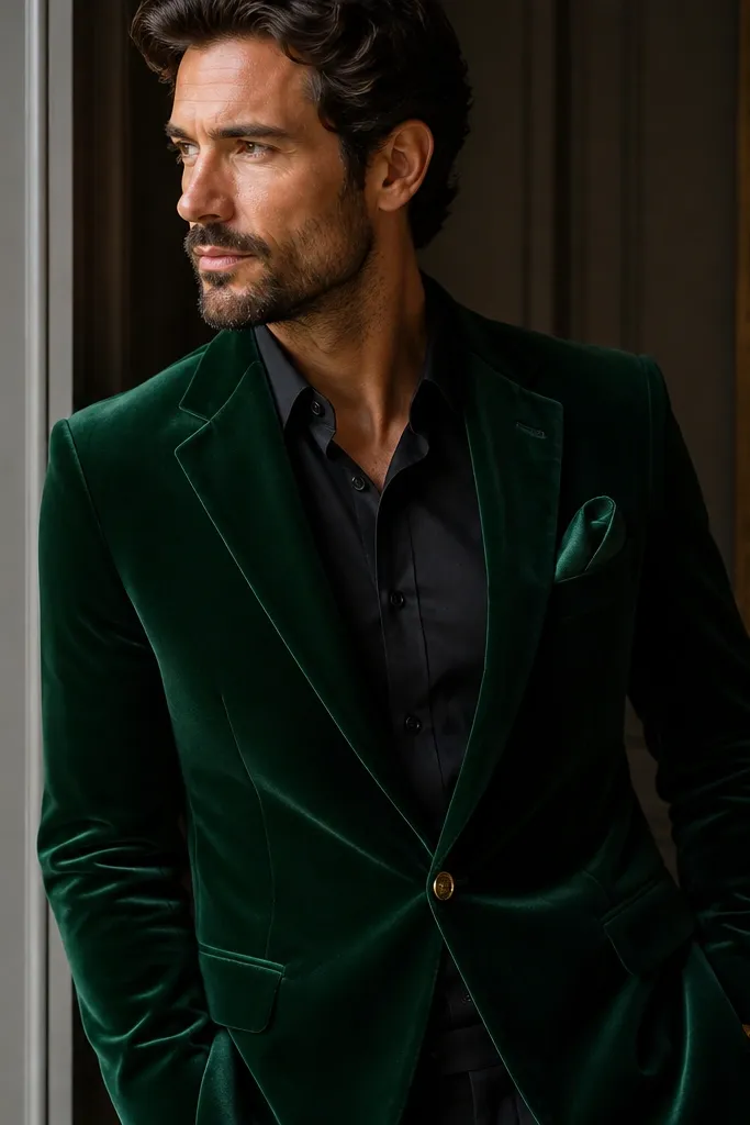 An emerald green velvet blazer with a black dress shirt underneath; gold-toned cuff detail is visible; a pocket square in deep green sits neatly in the breast pocket.