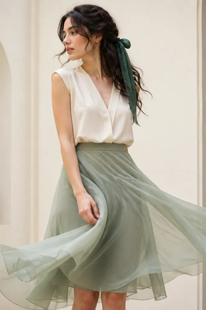 A sage chiffon skirt layered over a neutral top; an emerald green ribbon is tied into the hair; the outfit looks airy with visible fabric movement.