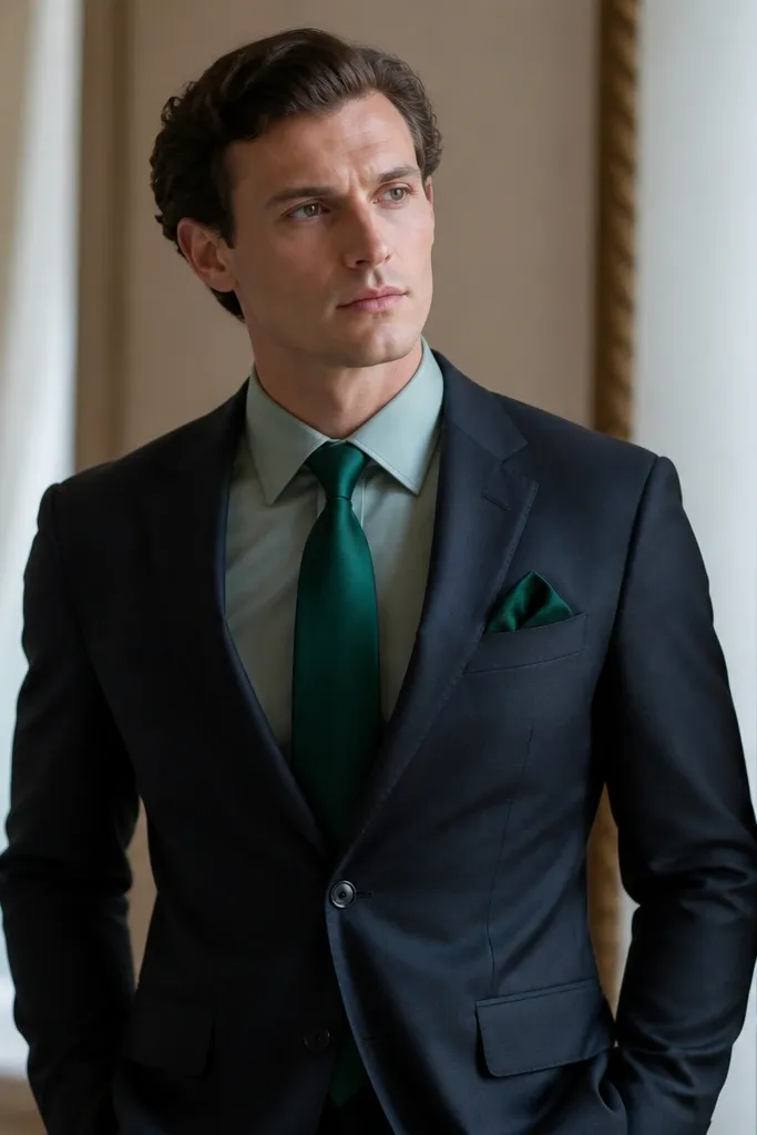 A neutral suit (charcoal or navy) paired with a sage green dress shirt; an emerald green tie stands out; a matching emerald pocket square is folded in the breast pocket.