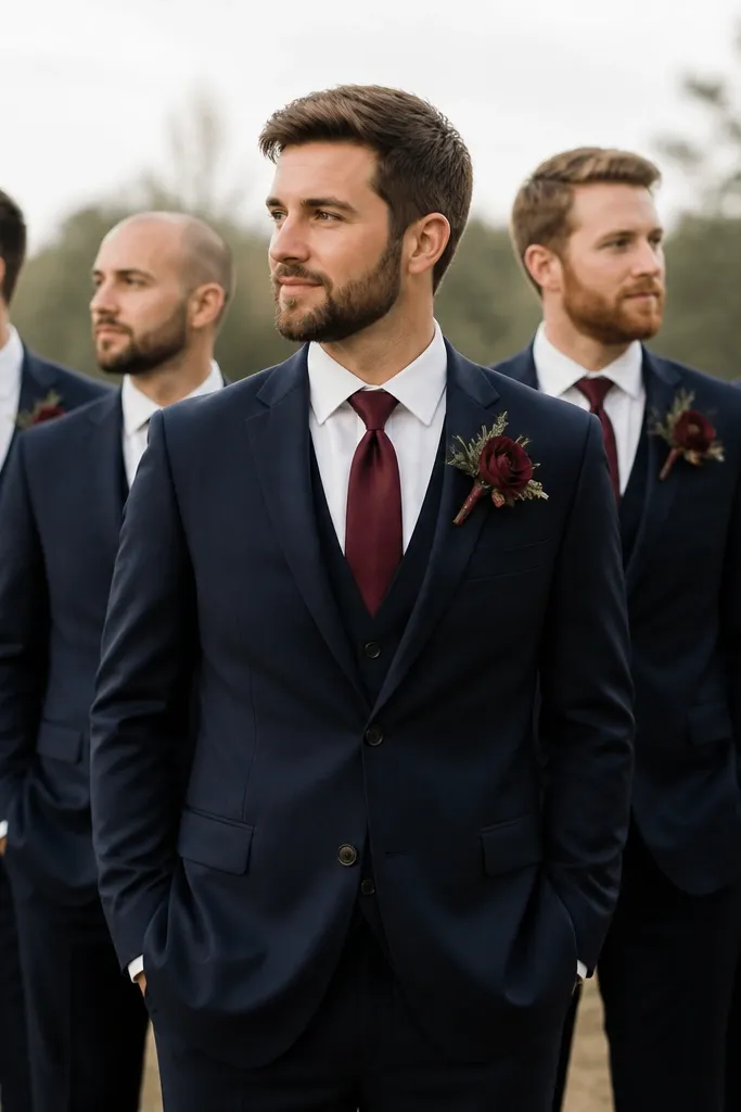 A groom in a deep navy wool suit with a white dress shirt and a satin burgundy tie, paired with groomsmen in matching deep navy suits; everyone wears burgundy boutonnières.
