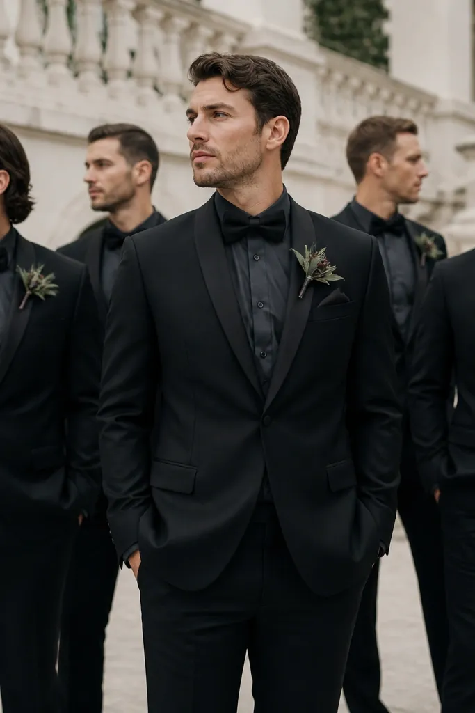The groom wears an all-black suit with a charcoal dress shirt and a matte black bow tie; groomsmen mirror the look with black suits and charcoal shirts.