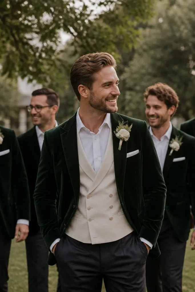 A groom wears a forest green velvet jacket over a cream waistcoat and cream dress shirt; groomsmen wear coordinated forest green velvet jackets with cream shirts and matching boutonnières.