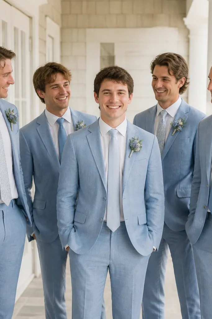 The groom is in a light blue linen suit with a white shirt and a pale blue tie; groomsmen wear the same light blue linen with varied pale blue ties and chambray-toned floral boutonnières.