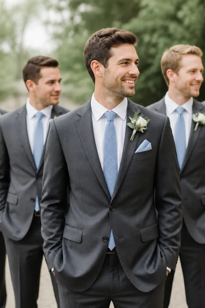 A groom in a slate gray suit wears a powder blue knit tie and a light blue pocket square; groomsmen wear slate gray suits with powder blue knit ties.