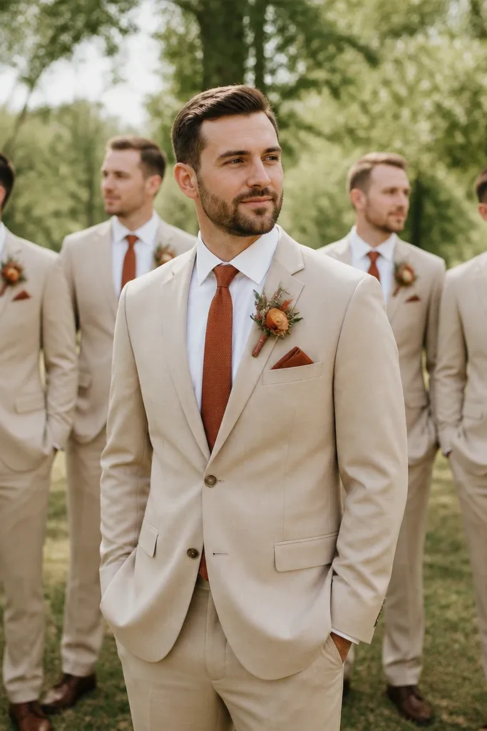The groom wears a tan suit with a white shirt, rust-colored tie, and a rust pocket square; groomsmen wear tan suits with rust ties and small rust accents on boutonnières.
