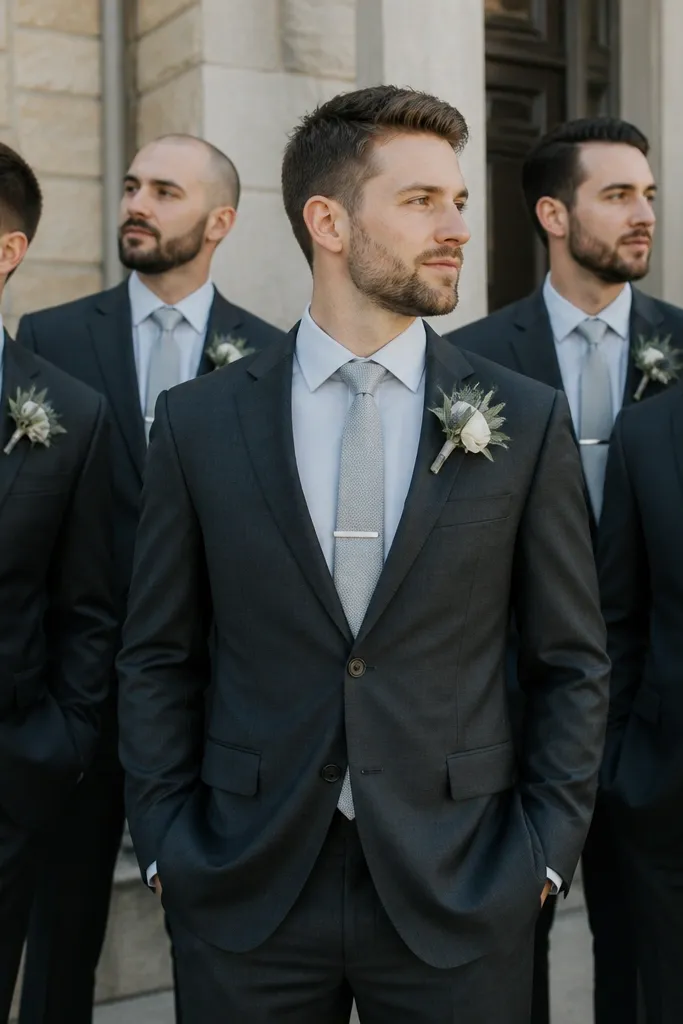 A groom in a charcoal suit with a light gray shirt and a silver tie clip; groomsmen wear matching charcoal suits with coordinating silver tie clips and cool-toned boutonnières.