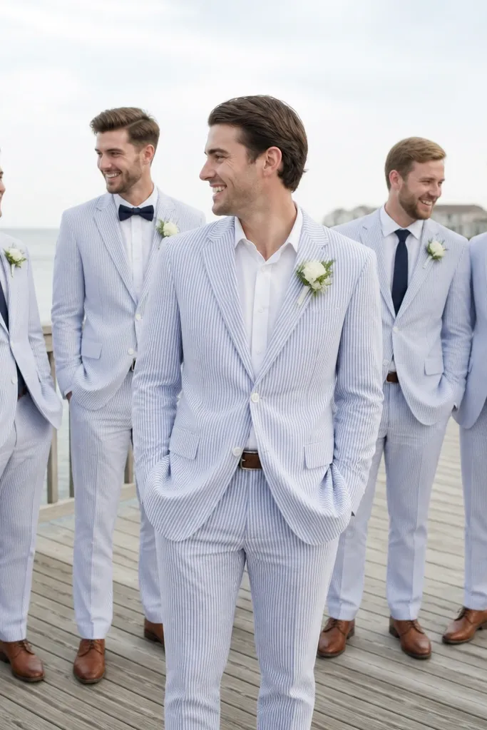 The groom wears a navy-and-cream seersucker suit with a white shirt; groomsmen wear matching seersucker suits, some with navy bow ties and others with navy neckties.