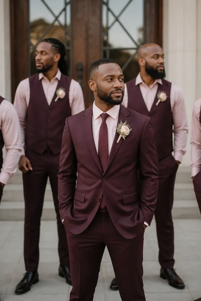 The groom wears burgundy suit pants and jacket with a blush pink dress shirt and a burgundy tie; groomsmen wear coordinated burgundy separates with blush shirt collars.