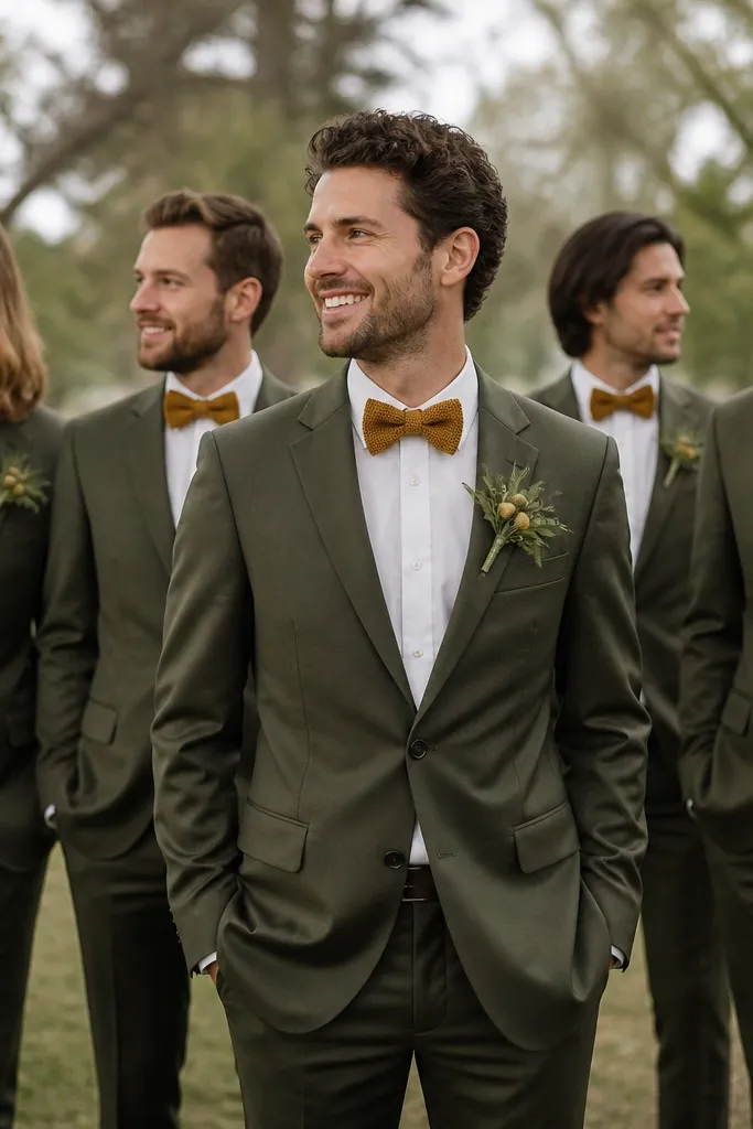 The groom wears an olive green suit with a white shirt and mustard knit bow tie; groomsmen wear olive suits with mustard knit bow ties and small olive-and-mustard boutonnières.
