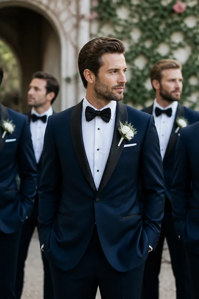 The groom wears a navy tuxedo jacket with satin lapels, a white dress shirt, and a black bow tie; groomsmen wear similar navy tuxedos with black bow ties.