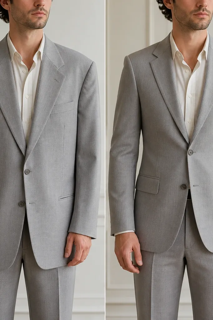 Before and after side-by-side photos of a light gray suit jacket: the before shows wide, slouchy shoulders; the after shows shoulders sitting flat with a clean edge line.