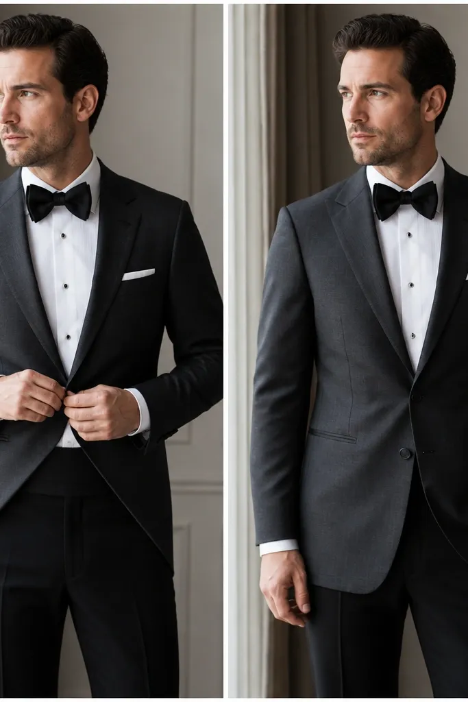 A groom wearing a charcoal jacket in two positions: before the jacket ends higher, exposing more of the waistband; after the jacket reaches closer to mid-hip with a smoother front fall.