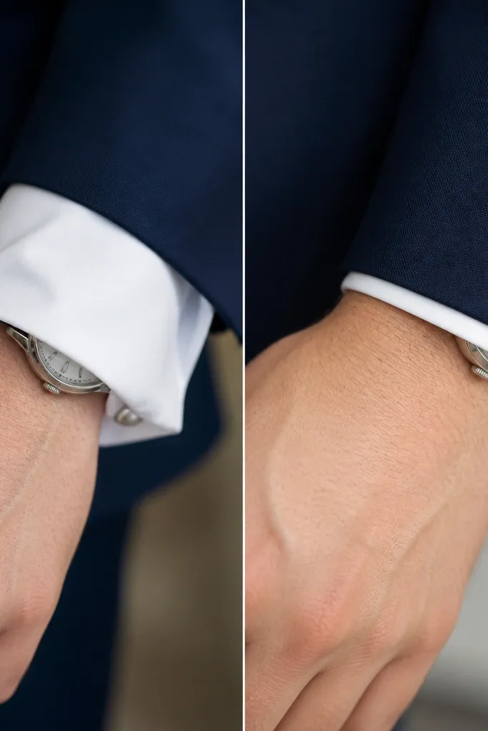 Close-up of a groom’s wrist in two frames: before shows a bulky cuff and too much shirt; after shows a clean cuff with just a small watch frame visible.