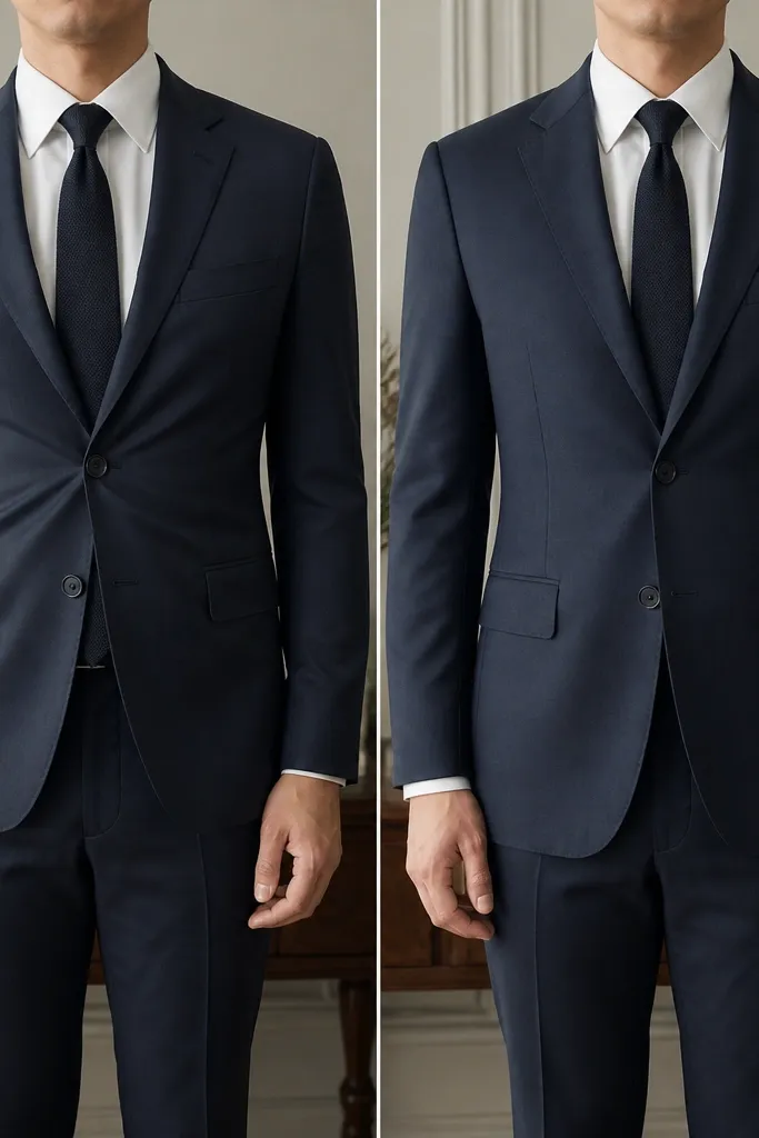 Front-facing suit photo comparison: before has visible pulling across the jacket buttons; after has smooth button alignment and a flatter front panel.