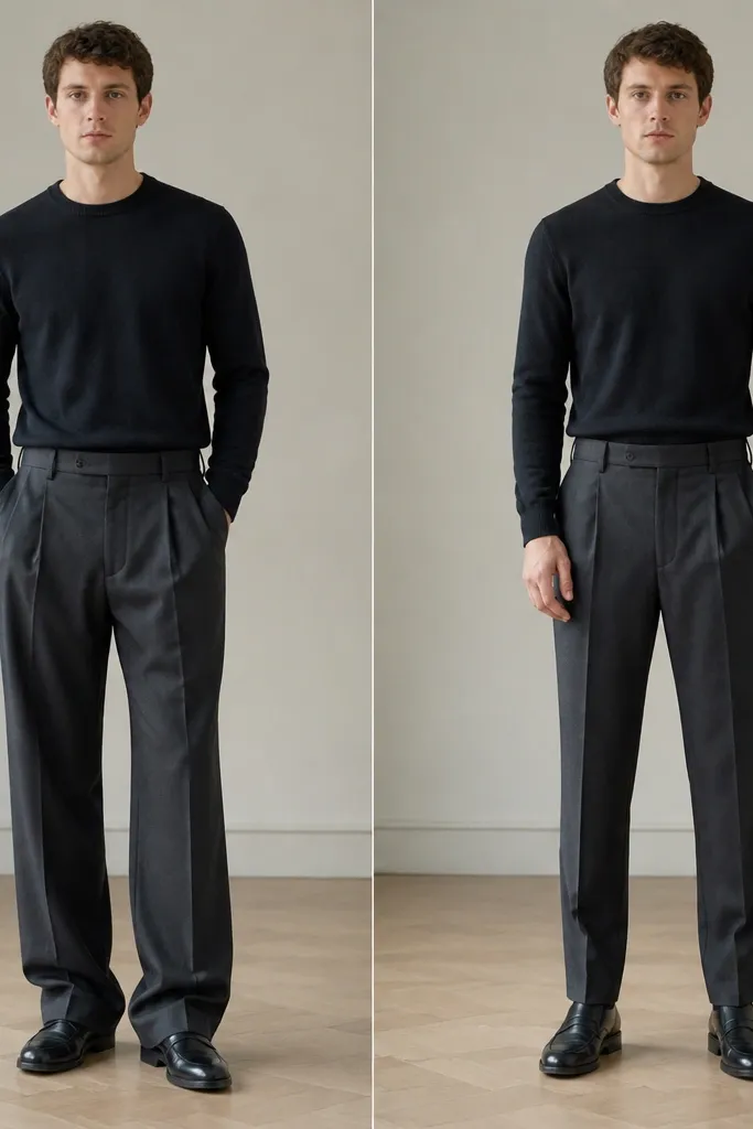 Two full-body shots showing trouser hems: before has extra pooling fabric; after trousers land with a subtle break that stops right at the shoe.