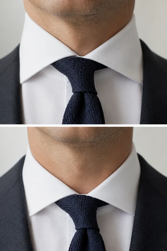 Neckline close-up: before shows a collar that looks too tall and crowds the tie knot; after shows the collar sitting lower with lapels flat against it.
