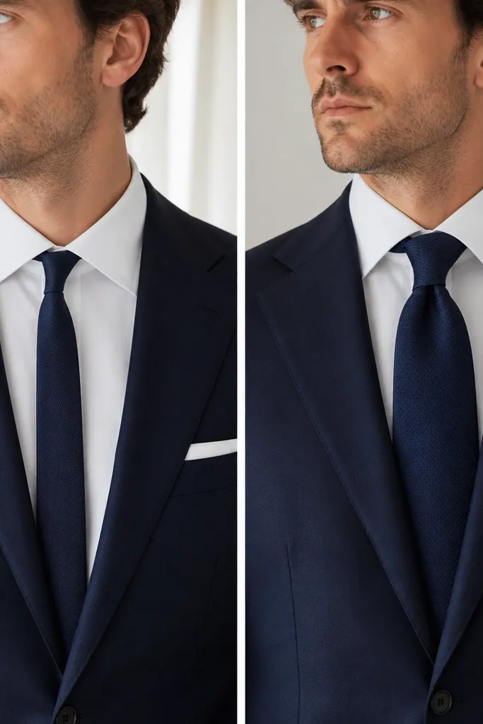 Upper torso photo: before shows a tie that looks too narrow for the lapel; after shows a wider tie width and a neater knot sitting higher.
