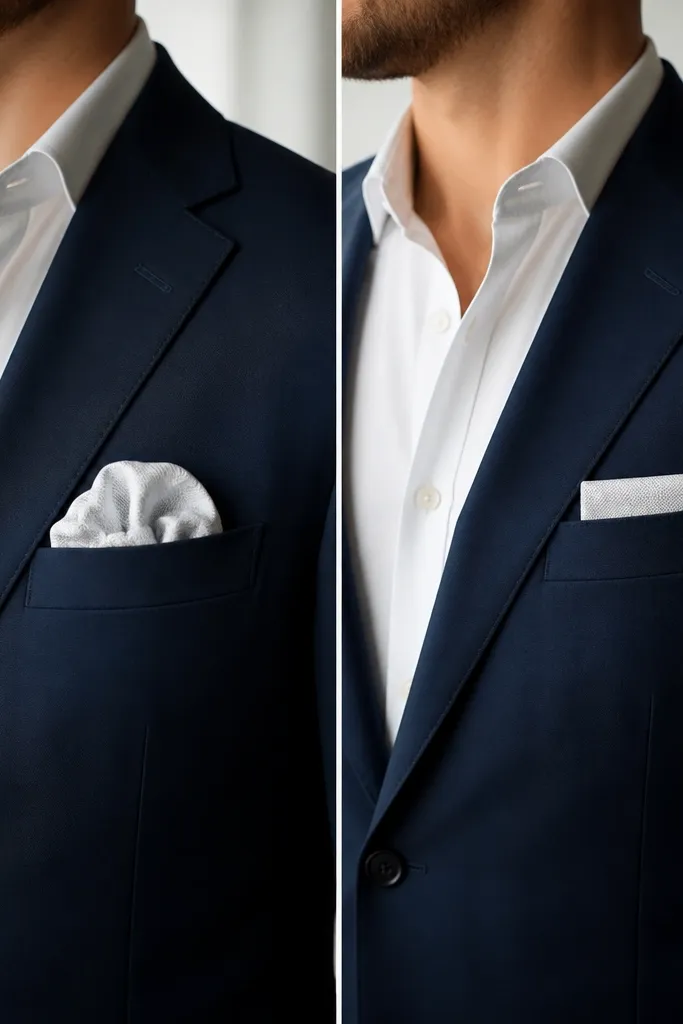 Before and after chest area: before pocket square is bulky and low; after shows a neatly folded pocket square with a crisp edge and higher placement.