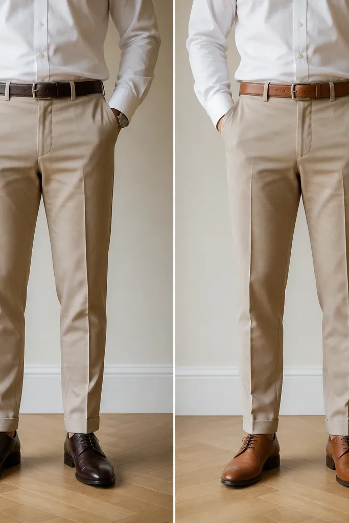 Lower-body comparison: before shows a belt darker than the shoes; after shows matched leather tones with a clean trouser line.