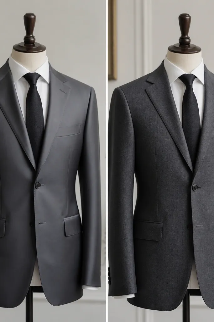 Two suit textures side-by-side: before looks a bit shiny and stiff; after shows a matte, finely textured fabric in the same color family.