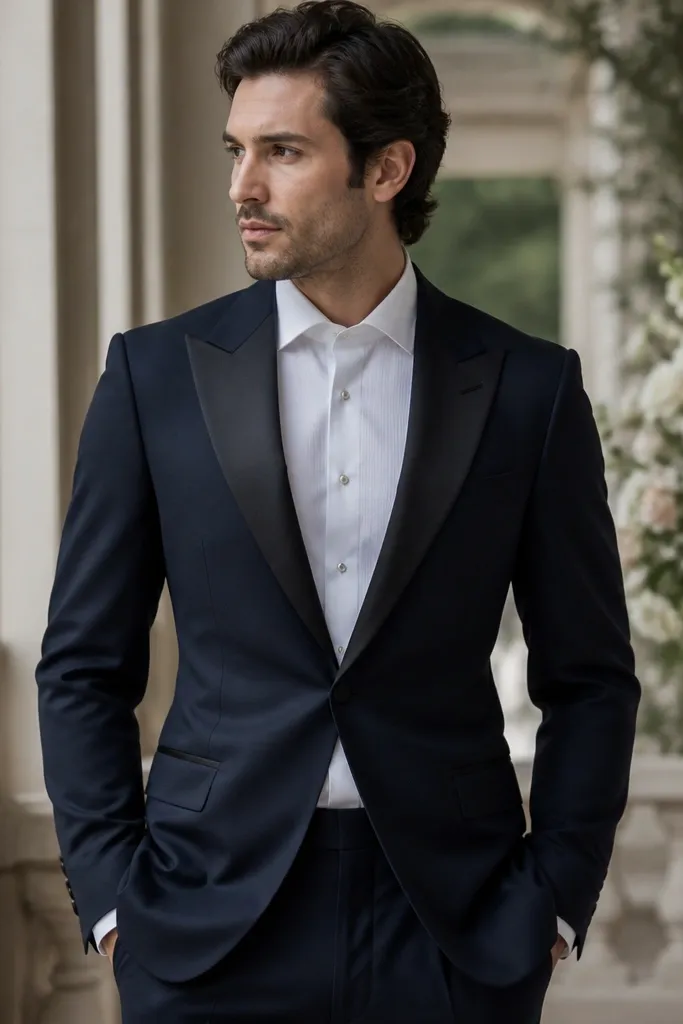 A midnight navy tuxedo jacket with satin-peak lapels, matching trousers, and a crisp white dress shirt. The jacket front shows a structured shoulder and a clean button stance; the satin sheen catches light in a wedding setting.