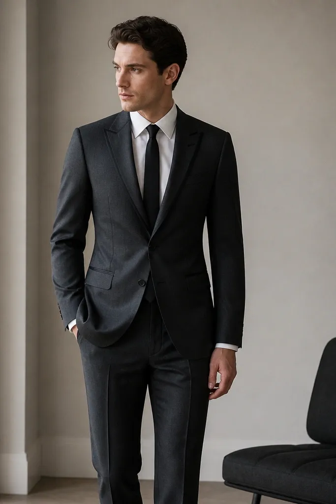 A charcoal suit jacket styled like a tux (black buttons optional) with matte lapels instead of satin. The shirt is white, the tie is a narrow solid black, and the trousers are pressed with a subtle break.