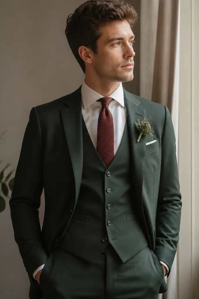 A deep forest green three-piece wedding suit: a tailored jacket, matching waistcoat, and trousers. The shirt is off-white, and the tie is a muted burgundy knit; the waistcoat has a V shape with neat buttons.