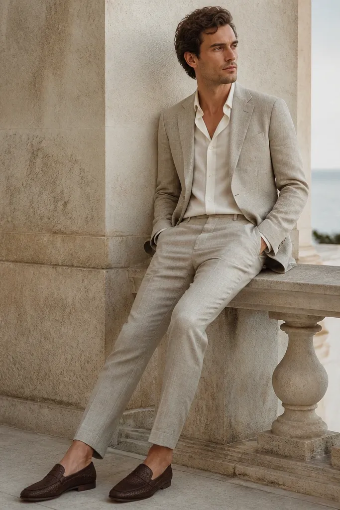 A stone-colored suit in a linen-wool blend with a lightly textured weave. The jacket is unstructured with natural shoulders, trousers are cropped slightly for summer styling, and a cream shirt is buttoned with no tie.