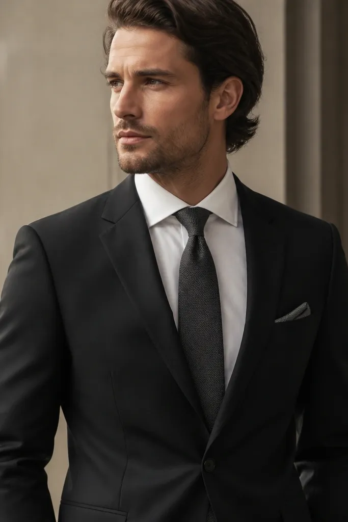 A black two-piece groom suit with a matte finish, paired with a white dress shirt. A textured tie in charcoal-gray sits neatly, and a folded pocket square peeks from the breast pocket.