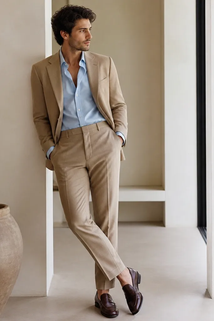 A tan tailored blazer paired with matching trousers, styled with a light blue open-collar shirt. The outfit shows a clean mid-rise waist, slim trouser leg, and minimal accessories.