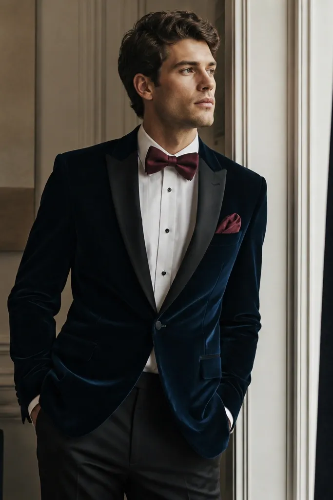 A dark velvet dinner jacket (deep emerald or navy) with subtle sheen, paired with black tailored trousers. A burgundy satin bow tie and a matching pocket square add a rich color pop.