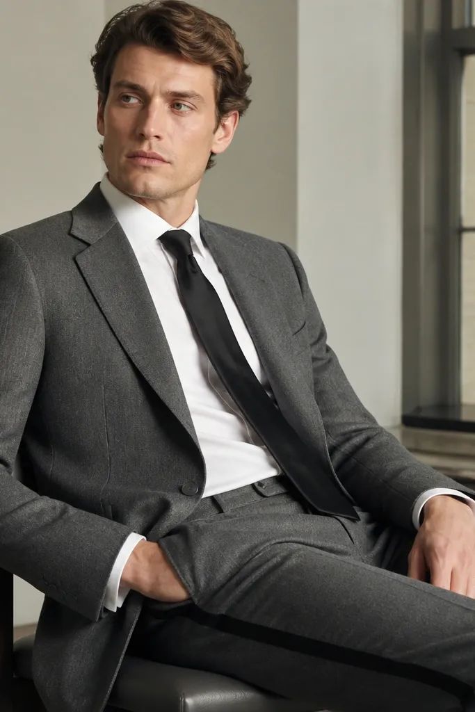 A mid-gray wool jacket paired with trousers that feature a subtle satin side stripe. The shirt is white with a soft collar, and the tie is a simple black silk with a neat knot.