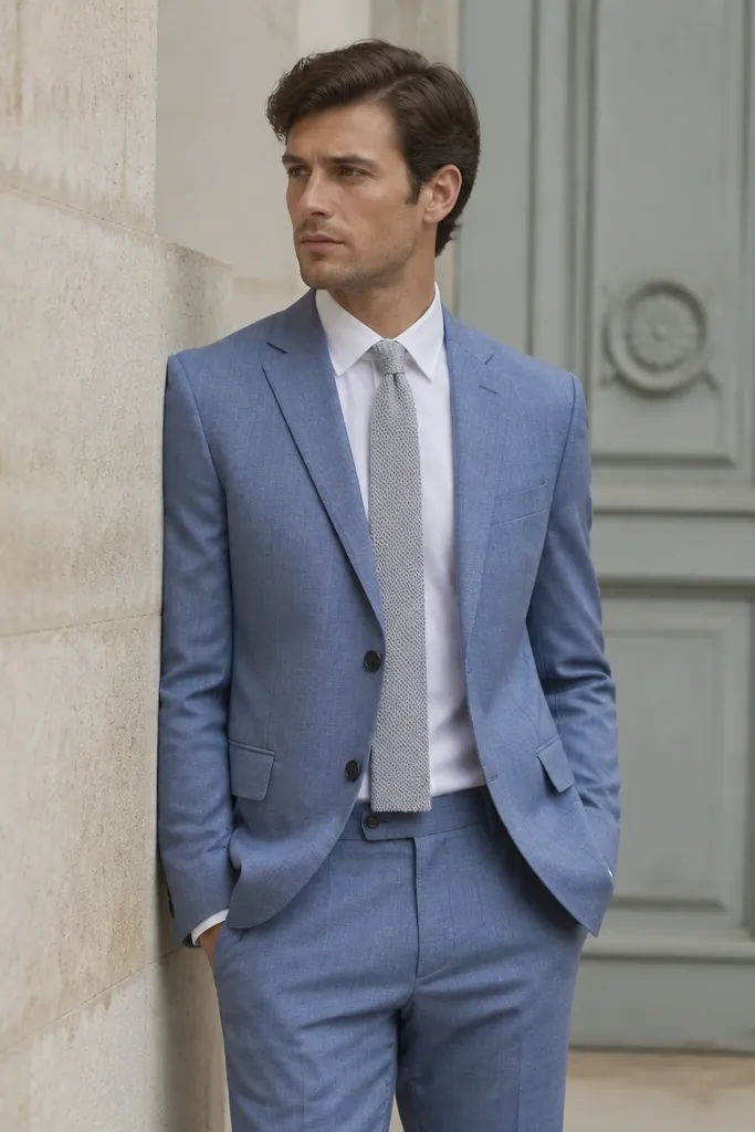 A soft blue groom suit in a subtle textured weave, with a white shirt and a light gray knit tie. The jacket is tailored with clean lapels and the trousers show a smooth front with a slight break.