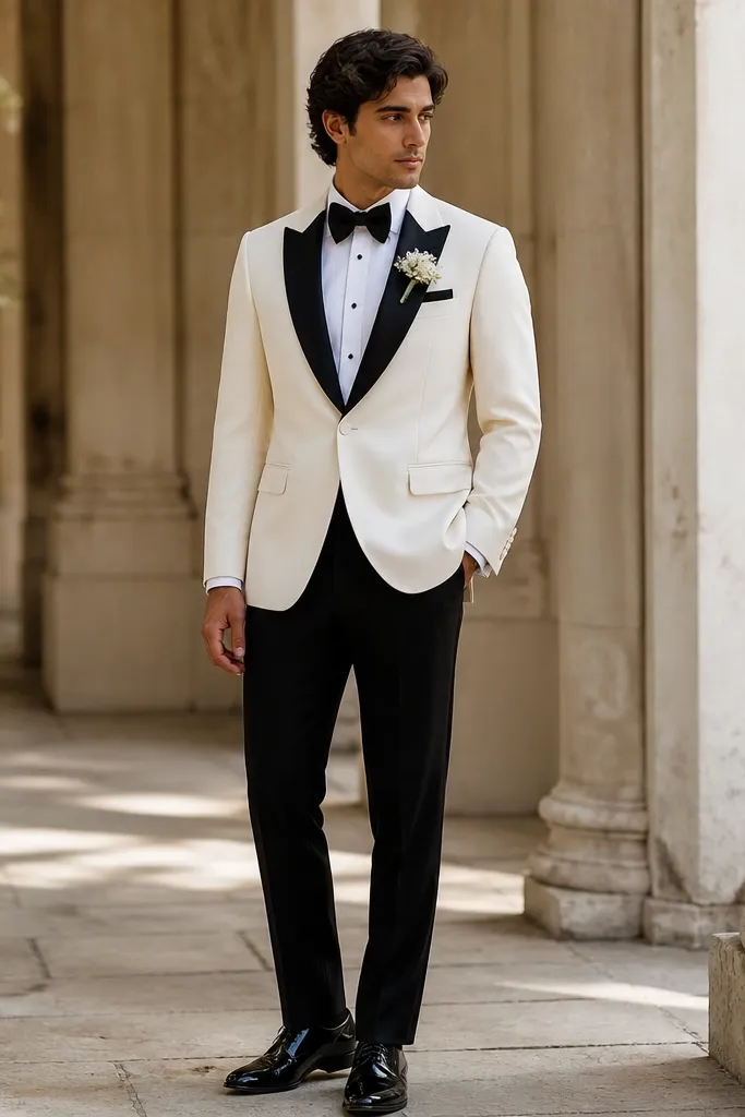 A cream wool tuxedo jacket paired with black satin peak lapels, black bow tie, and black trousers; polished black dress shoes; boutonnière in white jasmine.