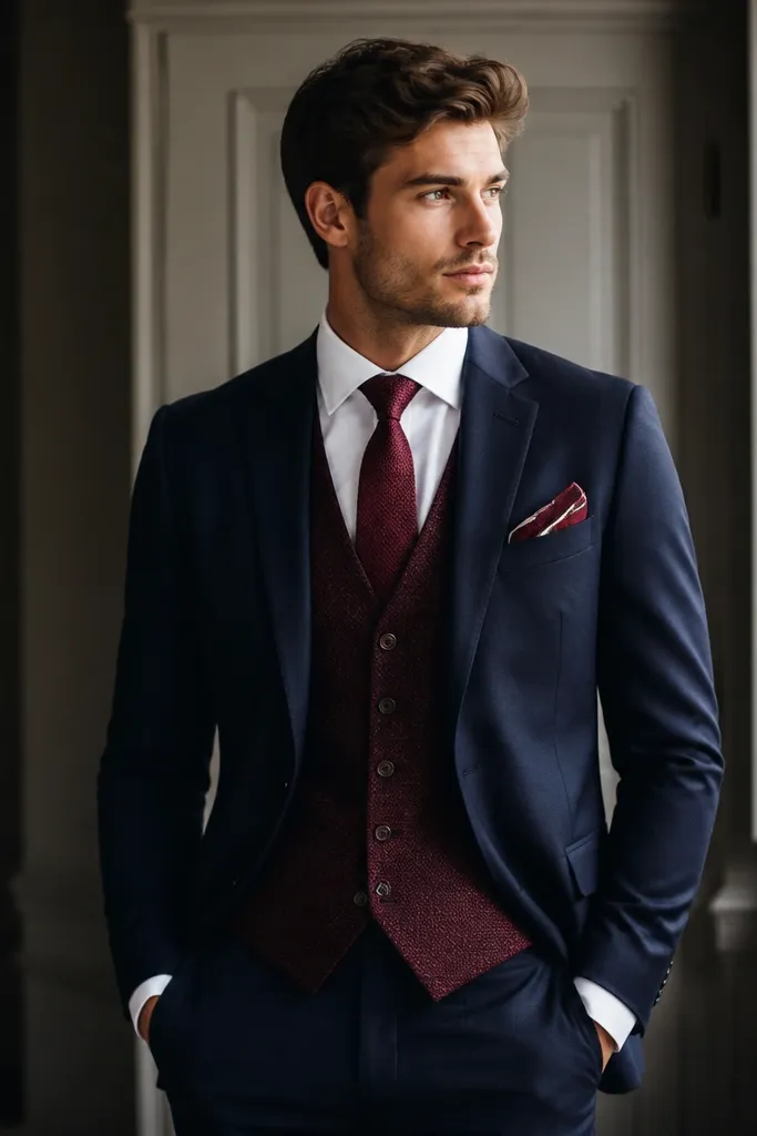 Midnight navy three-piece suit with a textured burgundy waistcoat, white shirt, burgundy tie, and a pocket square folded in a classic presidential fold.