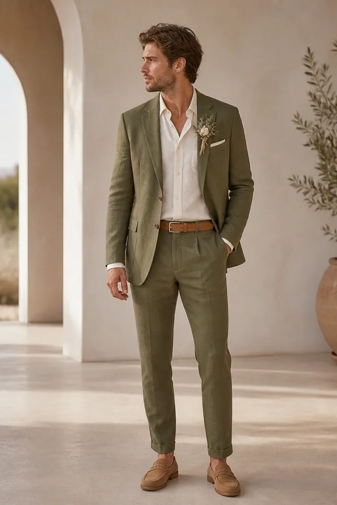 An olive linen suit with a light cream shirt, tan belt, matching tan loafers, and a small boutonnière of eucalyptus and ivory flowers.