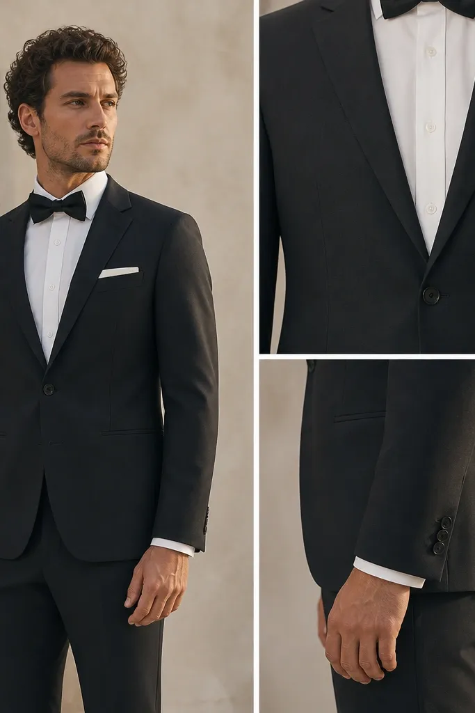 A man’s groom suit jacket shown from the front with the jacket hem ending above the knuckle line, paired with trousers that sit normally at the waist. The photo includes a close-up of the jacket front and a second crop highlighting the hem length.