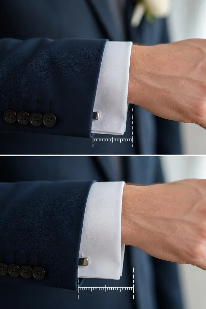 A close-up of a groom’s cuff area showing the shirt cuff either barely visible or overhanging too far past the jacket sleeve. The image highlights the cuff gap with a ruler-like visual cue.