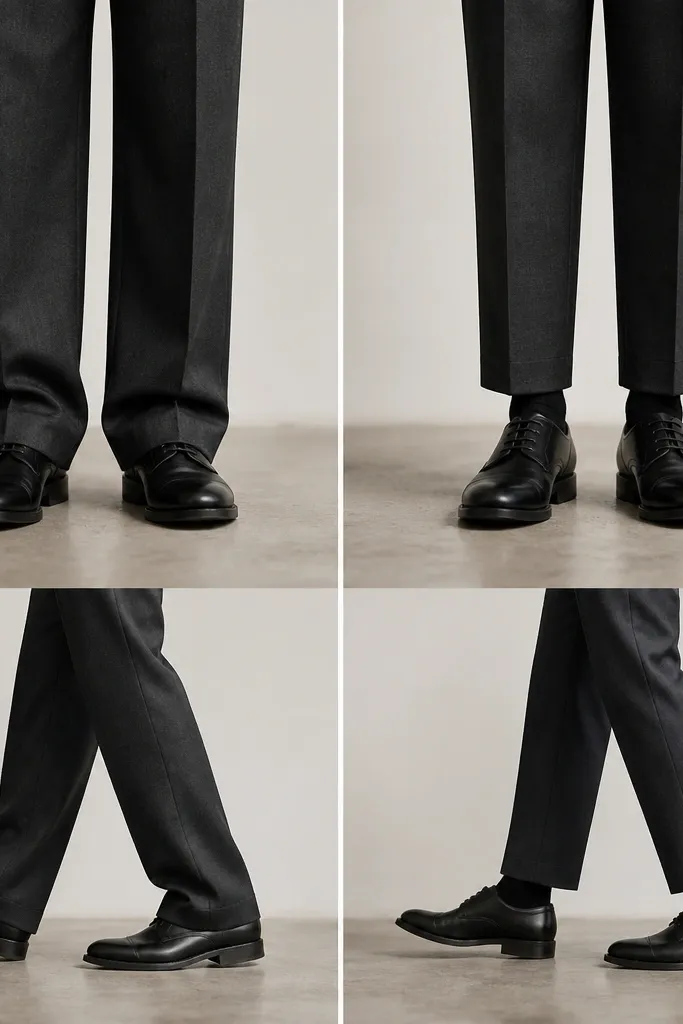 Two side-by-side images of trouser length: one pair pooling slightly at the shoe with a heavy break, and the other ending too high above the shoe. A foot-on-floor shot shows how each length sits when walking.