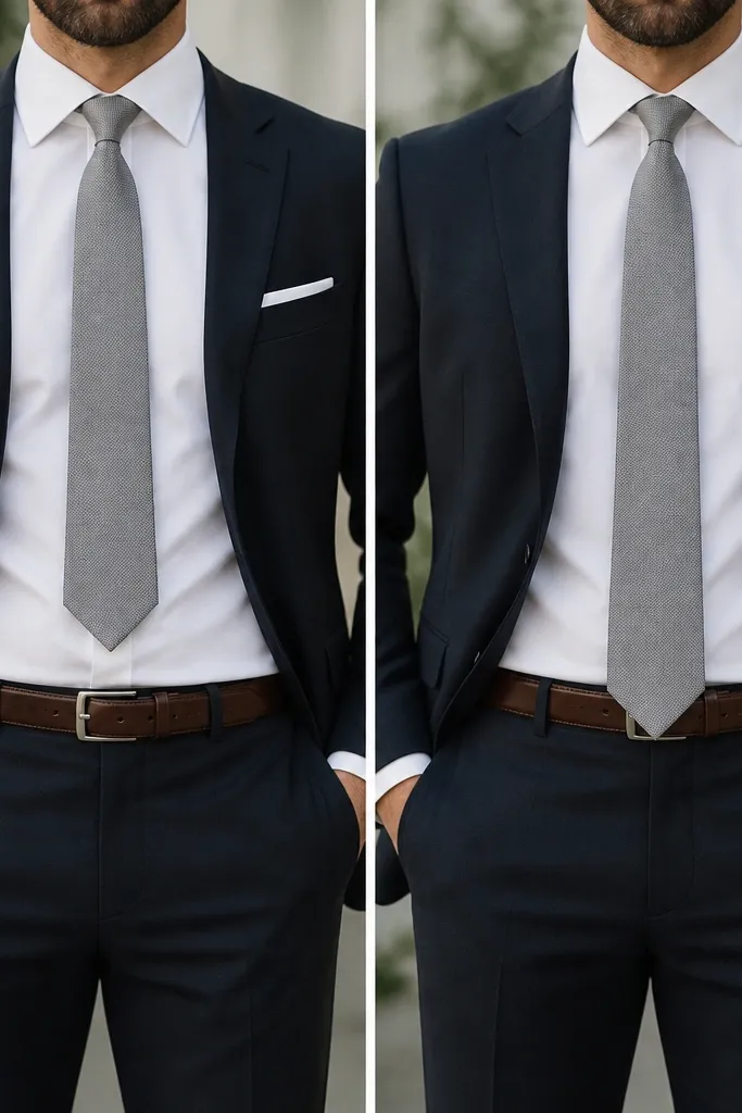 A groom in a fitted suit with a tie shown ending too high, above the belt line, with a side-by-side crop comparing correct tie length. The image focuses on the tie tip position relative to the waistband.