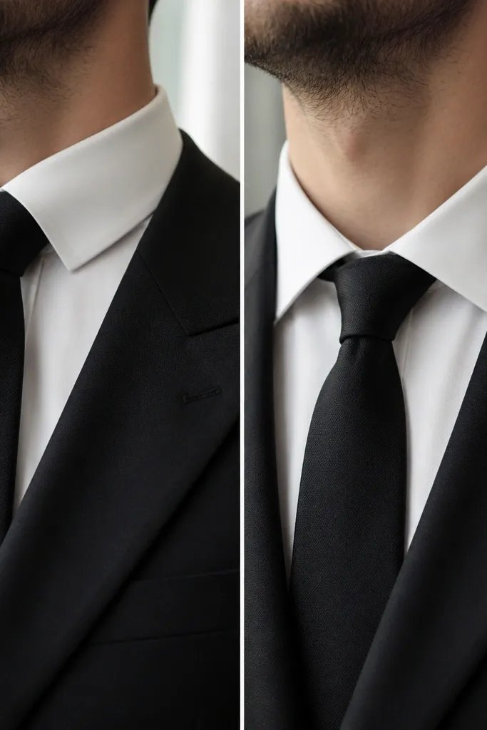 A close-up of a groom’s neck area showing two shirt collars paired with one lapel style. One collar looks tight and high; the other sits flatter with a cleaner V-shape.