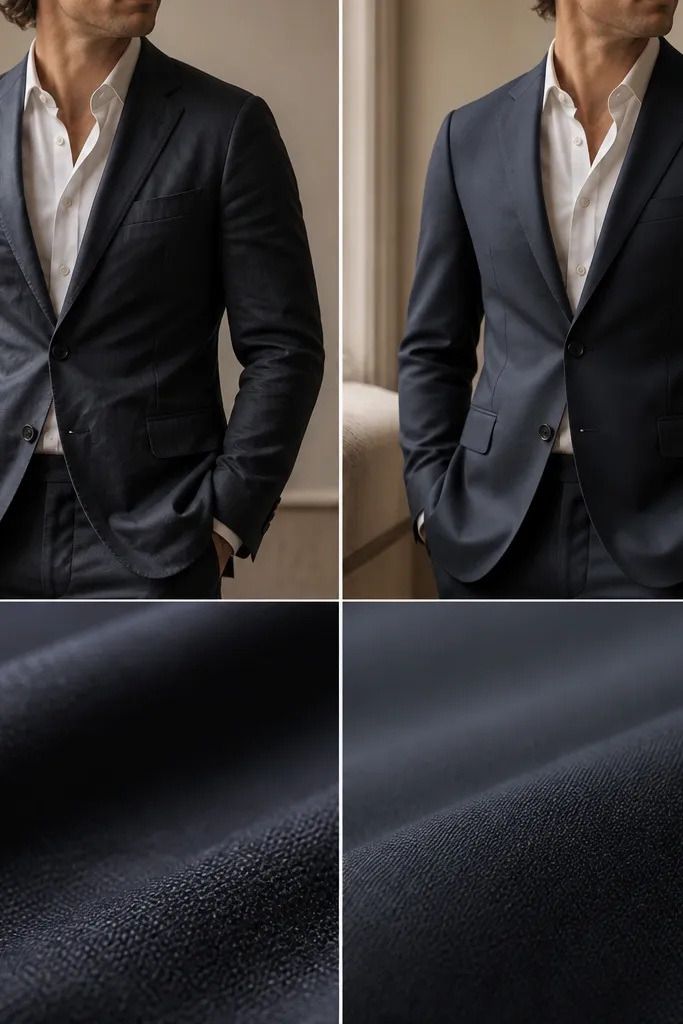 A suit jacket shown with visible creasing lines across the chest and elbows, plus a second image of a smoother jacket fabric under the same lighting. The fabric texture is visible in macro shots.
