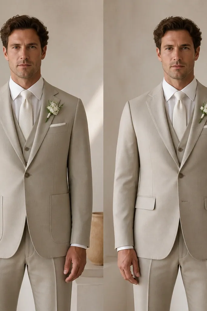 A groom suit front view comparing two jacket pocket styles: one with patch pockets and one with flap pockets. The image shows how each pocket sits and how the jacket line looks across the waist.