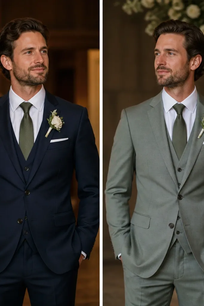 Two groom suit color options photographed under warm indoor venue lighting: one looks rich and cohesive, the other looks dull or slightly gray-green. The images show the same tie color paired with each suit.