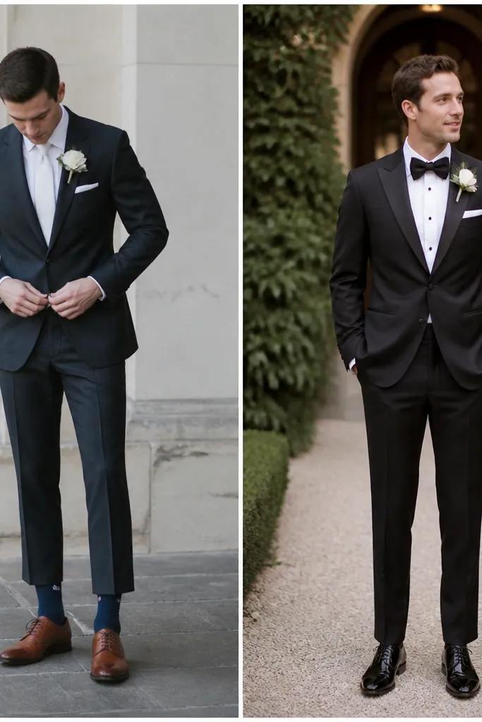 A full-body groom photo focusing on the shoes and trouser hem. One example shows a visible sock gap and mismatched shoe tone; another shows a tighter hem and coordinated shoe color.