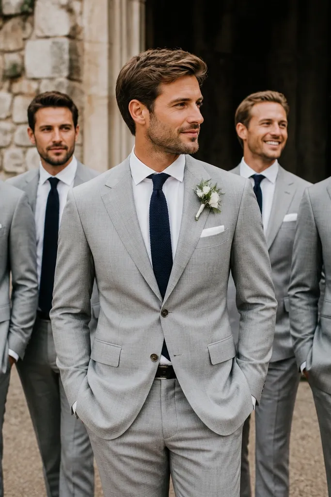 A groom in a light gray suit with a white shirt and a navy knit tie; groomsmen wear matching light gray trousers with slightly varied jackets, all featuring navy knit ties and simple white pocket squares.