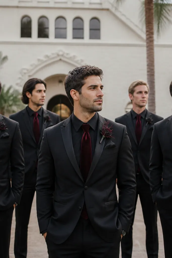 A groom in a tailored black suit with a black shirt and a burgundy velvet tie; groomsmen wear matching black suits with burgundy ties and neatly folded black pocket squares.