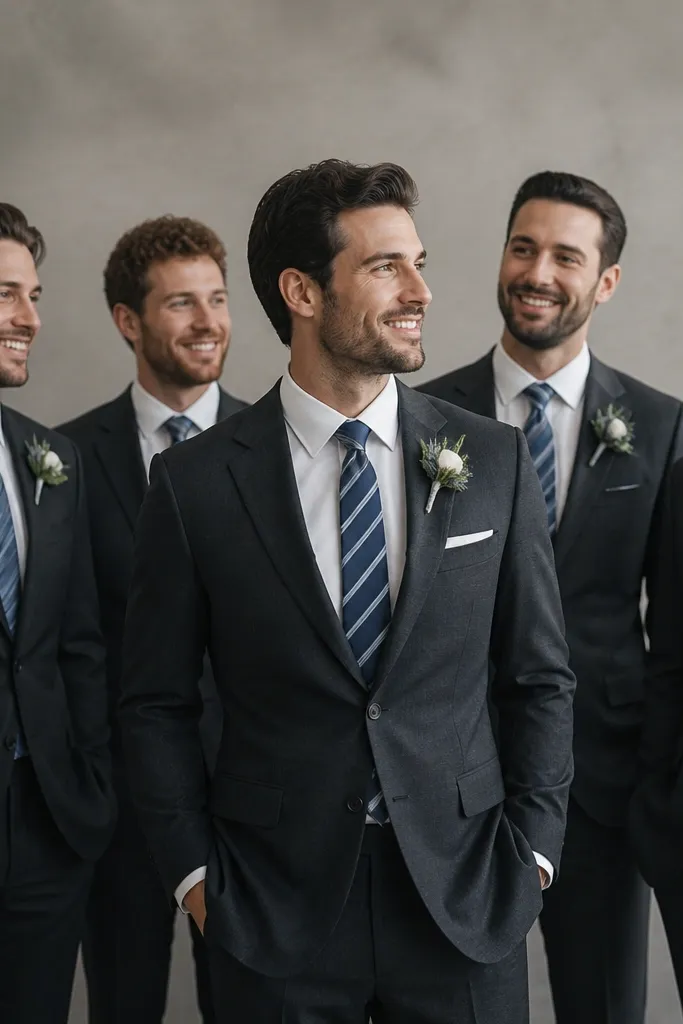 A groom in charcoal wool with a white shirt and a slate blue striped tie; groomsmen wear charcoal suits with ties featuring the same stripe color family, posed in a studio with a neutral backdrop.