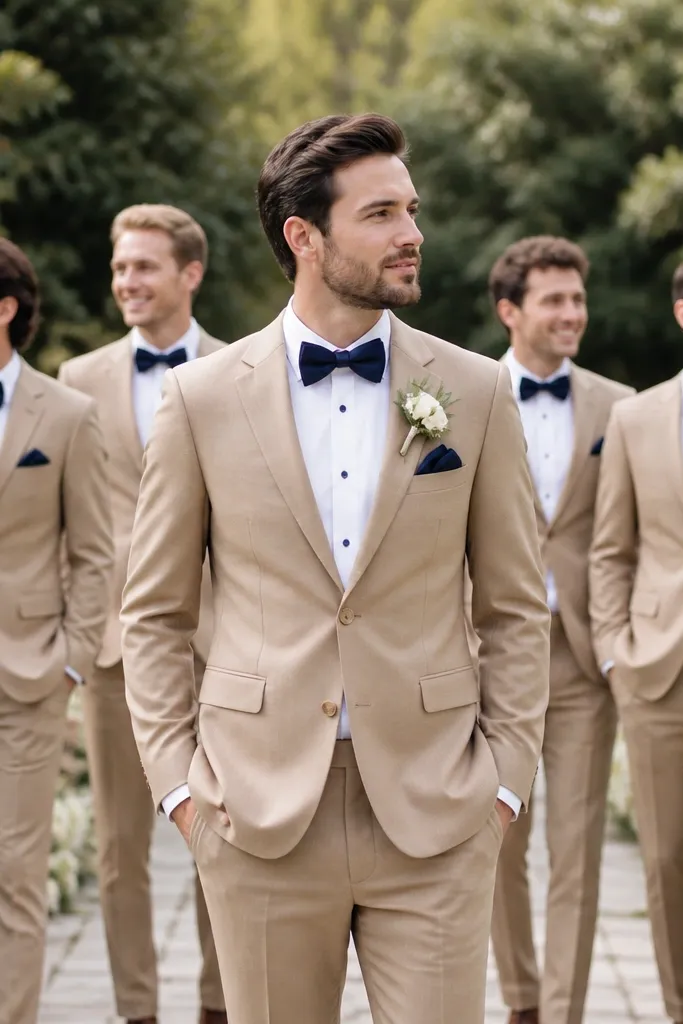 A groom in a tan suit with a white shirt and a navy bow tie; groomsmen wear tan suits and navy bow ties, with one or two pocket squares in navy to match, photographed in a garden aisle.