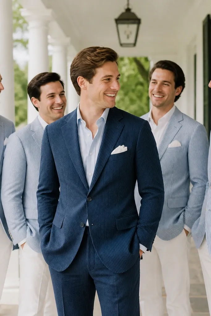 A groom wearing a navy seersucker suit with a light shirt and a white linen pocket square; groomsmen wear coordinated seersucker jackets with matching pocket squares, captured on a porch with bright daylight.